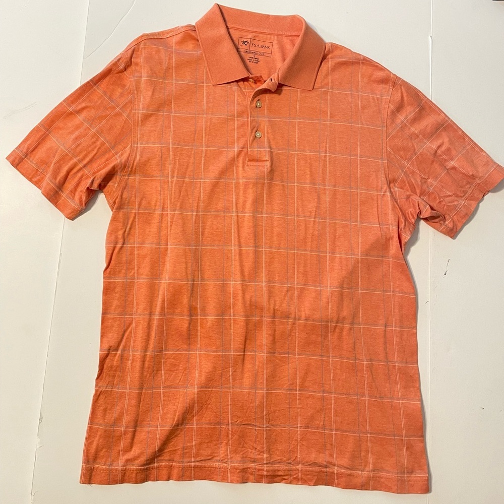 Jos A Bank Polo Shirt Mens Large Classic Collection Orange Check Short Sleeve